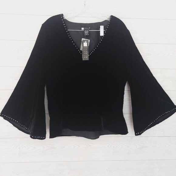 Carole Little Shirt XL Black Velvet Rhinestones Long Sleeve - Defect - Picture 1 of 14